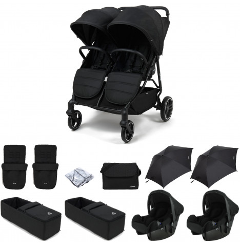 Puggle Urban City Easyfold Twin Pushchair with 2 Beone Car Seats, 2 Soft Carrycots, 2 Footmuffs, 2 Parasols & Changing Bag – Storm Black