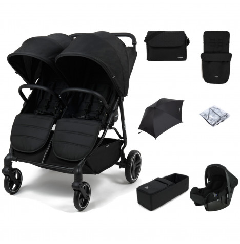 Puggle Urban City Easyfold Twin Pushchair with Beone Car Seat, Soft Carrycot, Footmuff, Parasol & Changing Bag – Storm Black