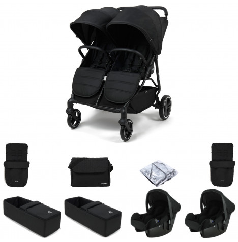 Puggle Urban City Easyfold Twin Pushchair with 2 Beone Car Seats, 2 Soft Carrycots, 2 Footmuffs & Changing Bag – Storm Black