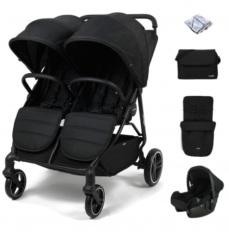Puggle Urban City Easyfold Twin Pushchair with Beone Car Seat, Footmuff & Changing Bag – Storm Black