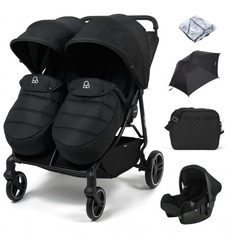 Puggle Urban City Easyfold Twin Pushchair with Footmuffs, Beone Car Seat, Parasol & Changing Bag - Storm Black