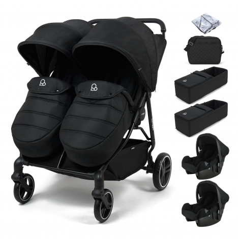 Puggle Urban City Easyfold Twin Pushchair with Footmuffs, 2 Beone Car Seats, 2 Carrycots & Changing Bag - Storm Black