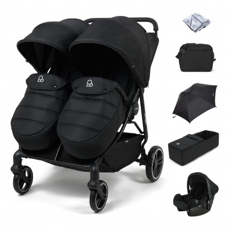 Puggle Urban City Easyfold Twin Pushchair with Footmuffs, Beone Car Seat, Carrycot, Parasol & Changing Bag - Storm Black