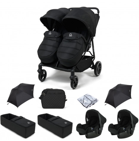 Puggle Urban City Easyfold Twin Pushchair with Footmuffs, 2 Beone Car Seats, 2 Carrycots, 2 Parasols & Changing Bag - Storm Black