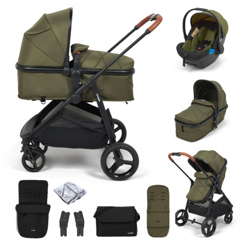 Puggle Monaco XT 2in1 Pram Pushchair Travel System with Footmuff & Bag - Forest Green & Storm Black