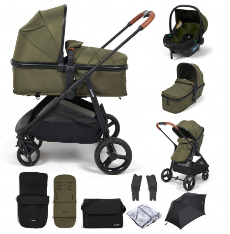 Puggle Monaco XT 2in1 i-Size Pram Pushchair Travel System with Parasol, Footmuff & Bag - Forest Green & Storm Black