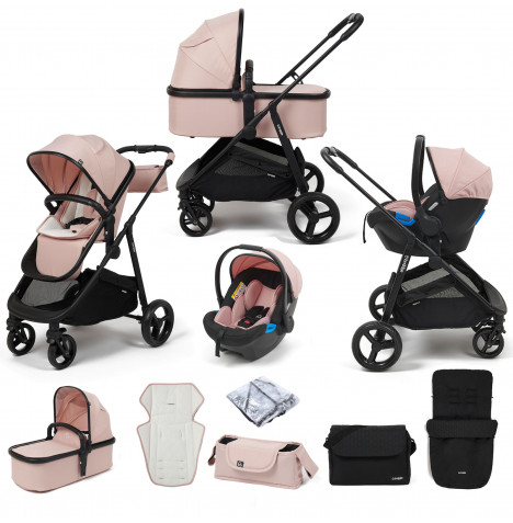 Puggle Monaco XT 3in1 Travel System with Organiser, Footmuff & Changing Bag - Blush Pink & Storm Black