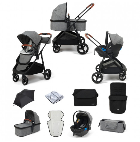 Puggle Monaco XT 3in1 Travel System with Organiser, Footmuff, Parasol & Changing Bag - Graphite Grey & Storm Black