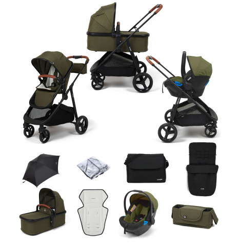 Puggle Monaco XT 3in1 Travel System with Organiser, Footmuff, Parasol & Changing Bag - Forest Green & Storm Black
