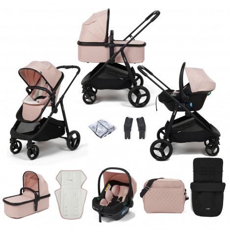 Puggle Monaco XT 3in1 i-Size Travel System with Changing Bag & Footmuff - Blush Pink & Storm Black