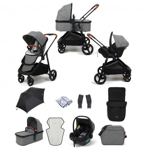 Puggle Monaco XT 3in1 i-Size Travel System with Changing Bag, Parasol & Footmuff - Graphite Grey & Storm Black