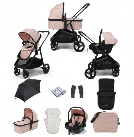 Puggle Monaco XT 3in1 i-Size Travel System with Changing Bag, Parasol & Footmuff - Blush Pink & Storm Black