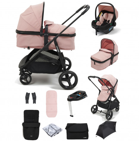 Puggle Monaco XT 2in1 i-Size Travel System with ISOFIX Base, Footmuff, Parasol & Changing Bag - Blush Pink