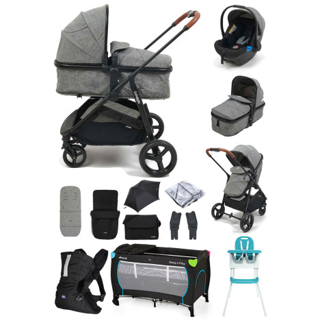 Puggle Monaco XT 2in1 Pram Pushchair Everything You Need Travel System with Footmuff, Changing Bag & Parasol - Graphite Grey