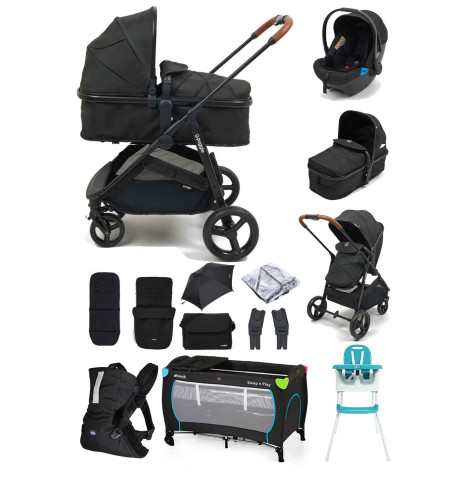 Puggle Monaco XT 2in1 Pram Pushchair Everything You Need Travel System with Footmuff, Changing Bag & Parasol - Storm Black