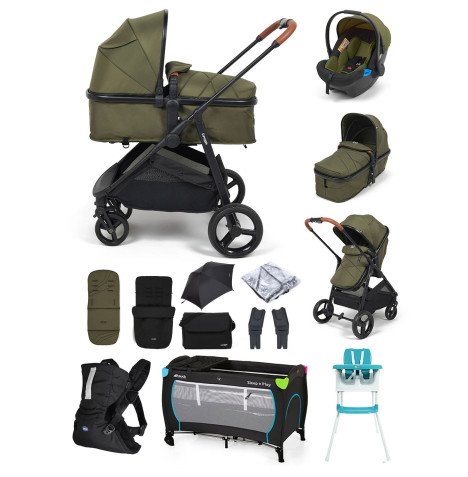 Puggle Monaco XT 2in1 Pram Pushchair Everything You Need Travel System with Footmuff, Changing Bag & Parasol - Forest Green