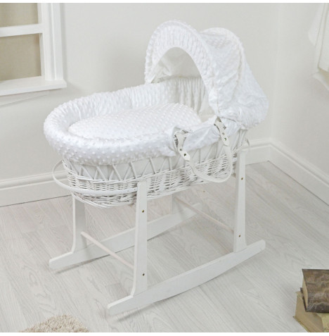 4Baby Padded White Wicker Moses Basket with Rocking Stand - White Dimple