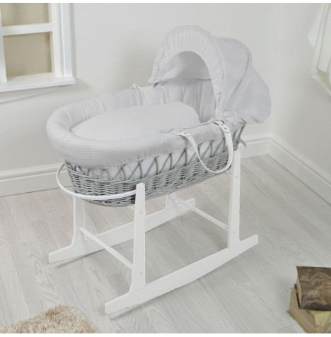 4Baby Padded Grey Wicker Moses Basket with White Rocking Stand - Grey Waffle