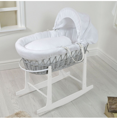 4Baby Padded Grey Wicker Moses Basket with White Rocking Stand - White Waffle