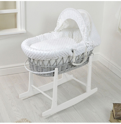 4Baby Padded Grey Wicker Moses Basket with White Rocking Stand - White Dimple