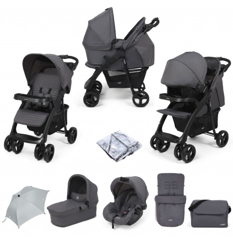 Puggle Denver Luxe 3in1 Travel System with Raincover, Footmuff, Parasol & Changing Bag - Slate Grey