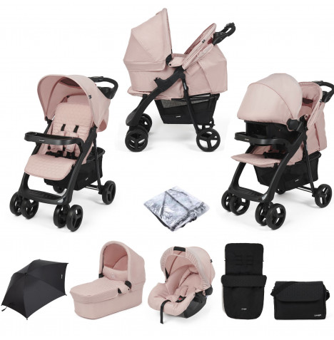 Puggle Denver Luxe 3in1 Travel System with Raincover, Footmuff, Parasol & Changing Bag - Blush Pink