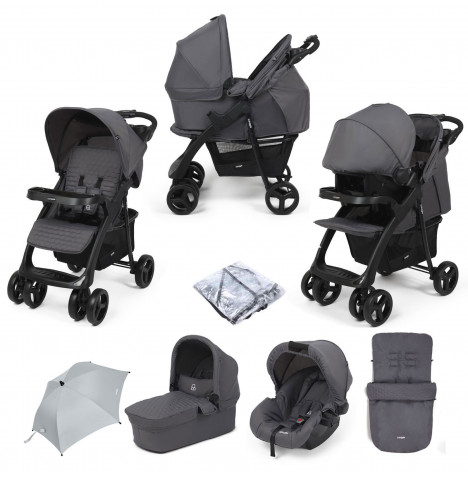 Puggle Denver Luxe 3in1 Travel System with Raincover, Footmuff & Parasol - Slate Grey