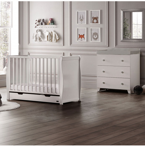 Puggle Chelford Sleigh Cot 4 Piece Nursery Furniture Set - White/White & Grey