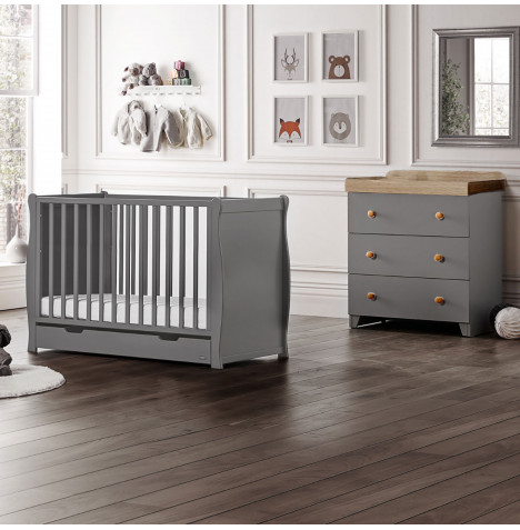 Puggle Chelford Sleigh Cot 5 Piece Nursery Furniture Set With Eco Fibre Mattress - Grey/Grey & Oak