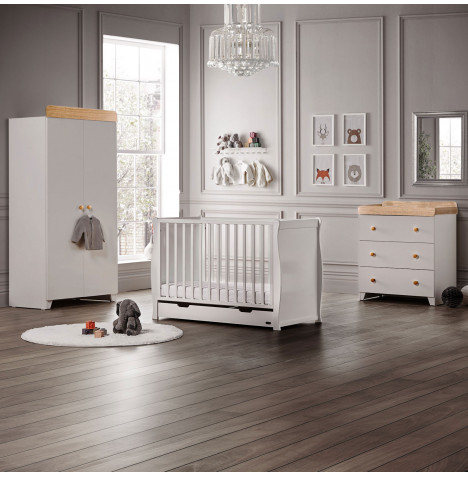 Puggle Chelford Sleigh Cot 6 Piece Nursery Furniture Set With Eco Fibre Mattress - White/White & Oak
