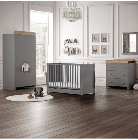 Puggle Chelford Sleigh Cot 6 Piece Nursery Furniture Set With Eco Fibre Mattress - Grey/Grey & Oak