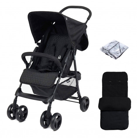 Puggle Holiday Luxe Pushchair Stroller with Raincover and Deluxe Universal Footmuff – Storm Black