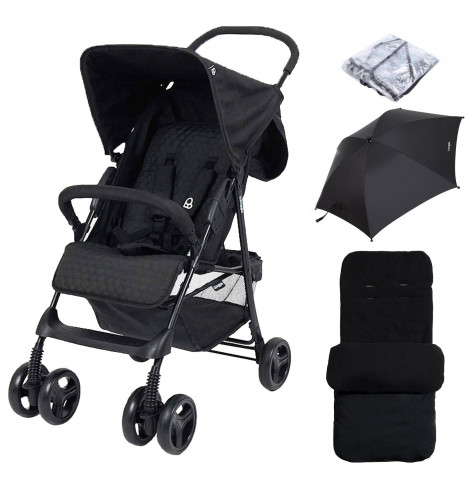 Puggle Holiday Luxe Pushchair Stroller with Raincover, Universal Deluxe Footmuff and Parasol – Storm Black
