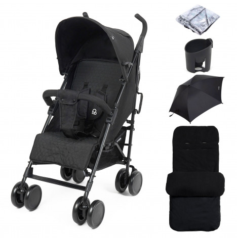Puggle Litemax Pushchair Stroller with Raincover, Cupholder, Universal Deluxe Footmuff and Parasol - Storm Black