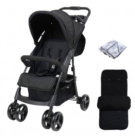 Puggle Starmax Pushchair Stroller with Raincover and Universal Deluxe Footmuff – Storm Black