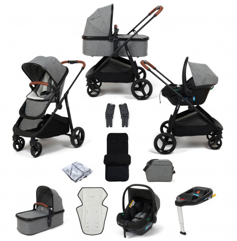 Puggle Monaco XT 3in1 i-Size Travel System with Changing Bag, Deluxe Footmuff & ISOFIX Base - Graphite Grey