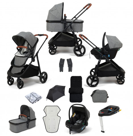Puggle Monaco XT 3in1 i-Size Travel System with Changing Bag, Deluxe Footmuff, Parasol & ISOFIX Base - Graphite Grey