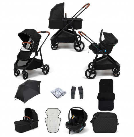 Puggle Monaco XT 3in1 i-Size Travel System with Changing Bag, Parasol & Deluxe Footmuff - Storm Black