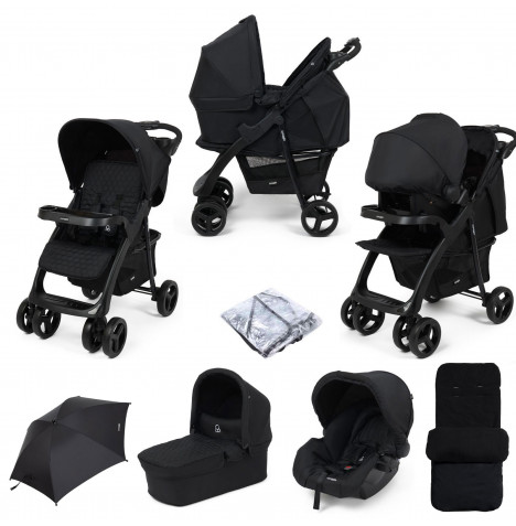 Puggle Denver Luxe 3in1 Travel System with Raincover, Deluxe Footmuff & Parasol - Storm Black