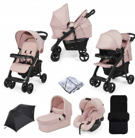 Puggle Denver Luxe 3in1 Travel System with Raincover, Deluxe Footmuff & Parasol - Blush Pink