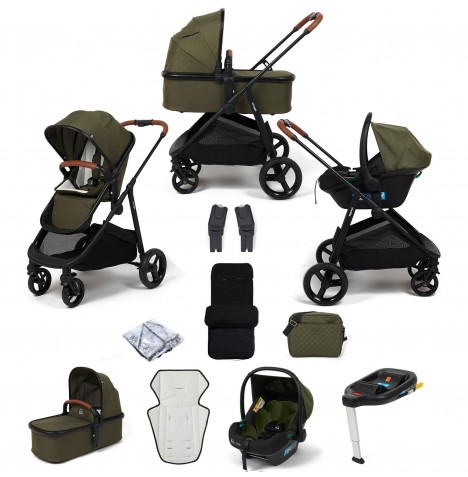 Puggle Monaco XT 3in1 i-Size Travel System with Changing Bag, Deluxe Footmuff & ISOFIX Base - Forest Green