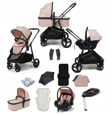 Puggle Monaco XT 3in1 i-Size Travel System with Changing Bag, Deluxe Footmuff, Parasol & ISOFIX Base - Blush Pink