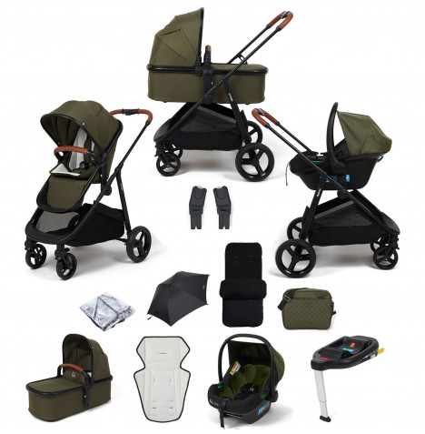 Puggle Monaco XT 3in1 i-Size Travel System with Changing Bag, Deluxe Footmuff, Parasol & ISOFIX Base - Forest Green