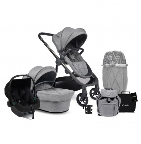 iCandy Orange 3 Carrycot & Pushchair Bundle with Puggle Memphis iSize Infant Car Seat - Light Grey
