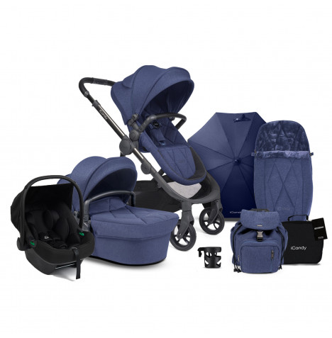 iCandy Orange 3 Carrycot & Pushchair Bundle with Puggle Memphis iSize Infant Car Seat - Royal Blue