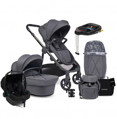 iCandy Orange 3 Carrycot & Pushchair Bundle with Puggle Memphis iSize Infant Car Seat & Base - Dark Grey