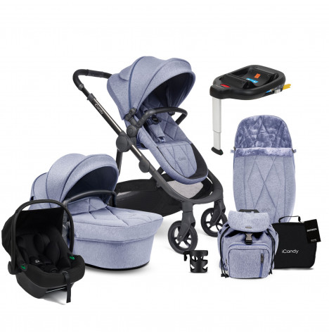 iCandy Orange 3 Carrycot & Pushchair Bundle with Puggle Memphis iSize Infant Car Seat & Base - Light Blue
