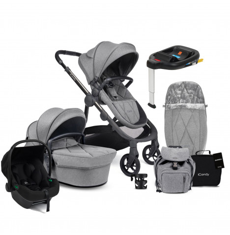iCandy Orange 3 Carrycot & Pushchair Bundle with Puggle Memphis iSize Infant Car Seat & Base - Light Grey