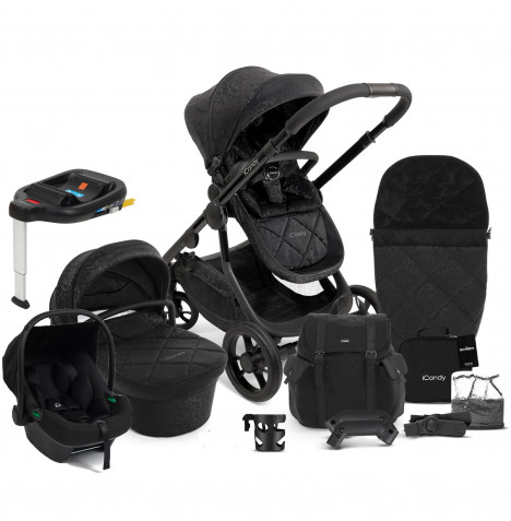 iCandy Orange 3 Carrycot & Pushchair Bundle with Puggle Memphis iSize Infant Car Seat & Base - Black Crush