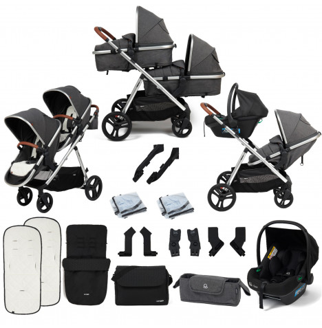 Puggle Memphis 2-in-1 Duo i-Size Double Travel System with Footmuff & Changing Bag - Platinum Grey